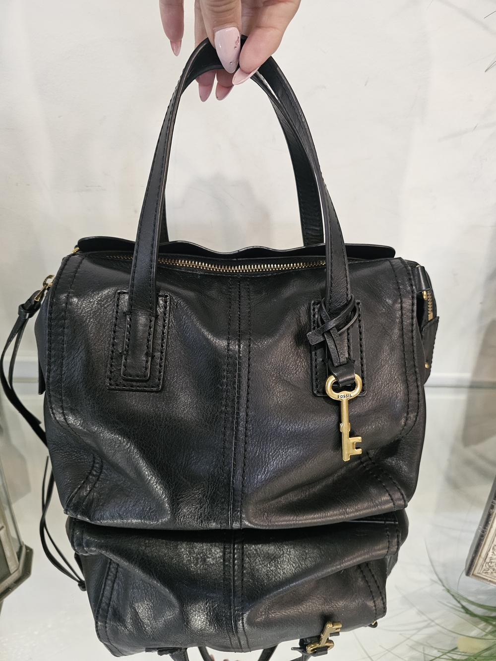 Fossil Emma Black Leather Satchel with Brass Key Charm